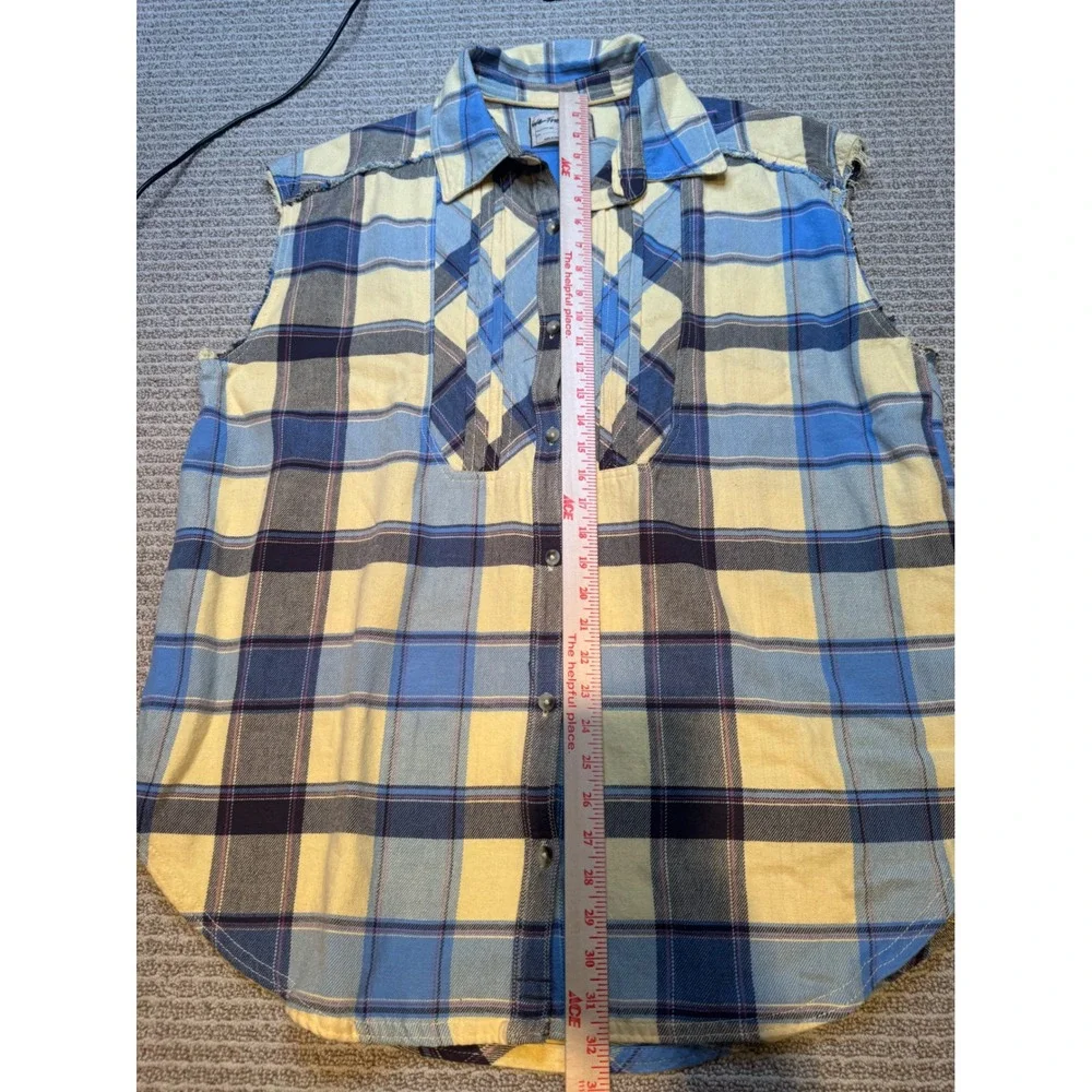 We The Free People Blue Yellow Plaid‎ Sleeveless Button Down Bib Top OB2064767 L - Picture 10 of 10